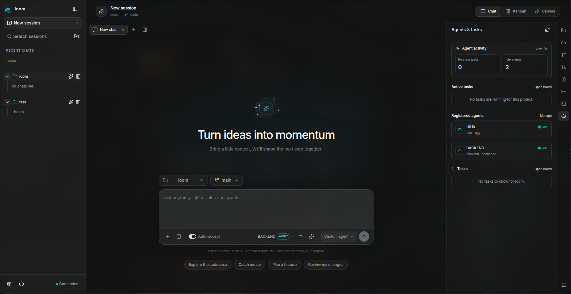Loom workspace showing the project and session sidebar, a chat session with its composer, and the Agents and tasks rail with running and idle counts